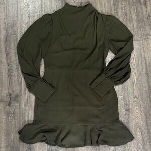 Express Mock Neck Puff Sleeve Ruffle Hem Mini Dress Olive Green